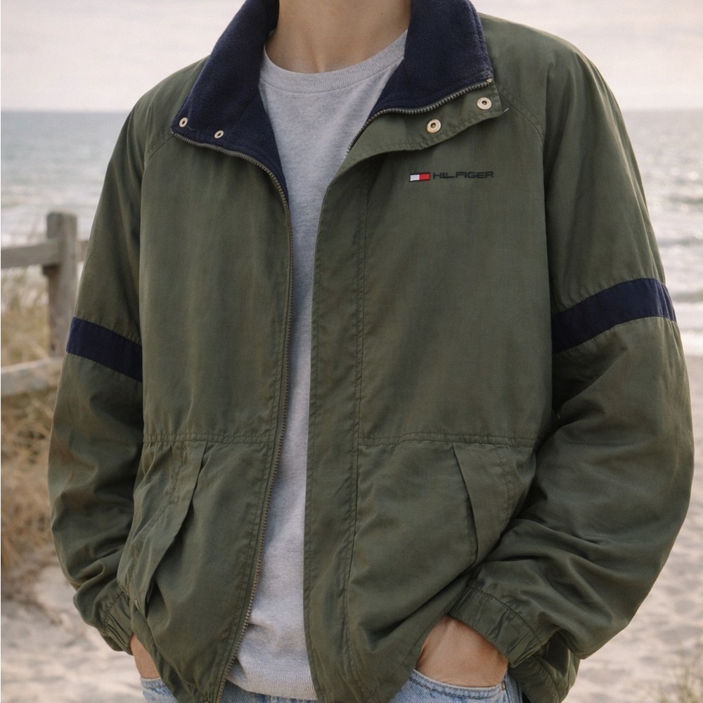 Tommy Hilfiger Green and Navy Colorblock Jacket  Coat Men’s Large Vintage Y2K